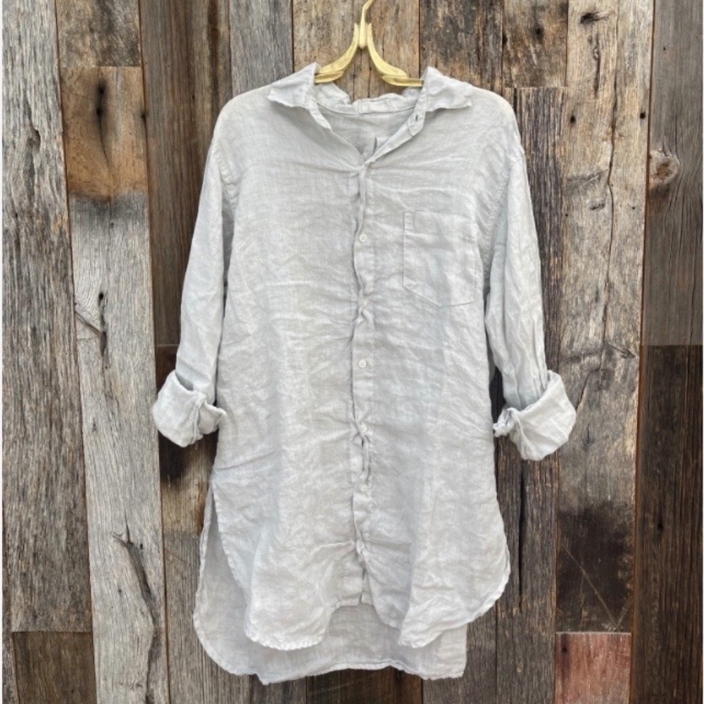 CP Shades Linen Button Down Tunic, Light Grey, Size Large